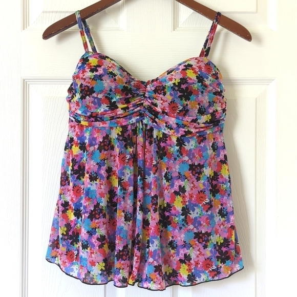 A Shore Fit Colorful Floral Mesh Sweetheart Neckline Padded Tankini Swim Top 12 - Picture 1 of 12